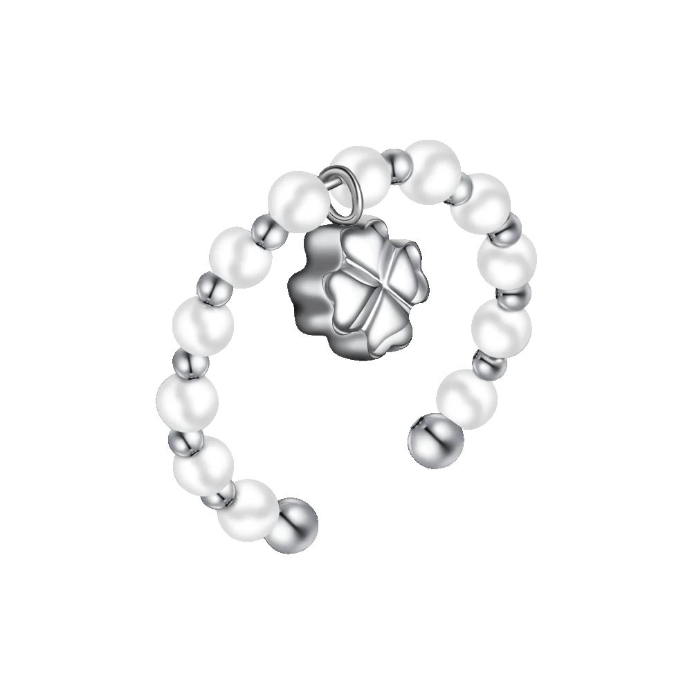 ANELLO DONNA IN ACCIAIO CON PERLE SINTETICHE BIANCHE E QUADRIFOGLIO