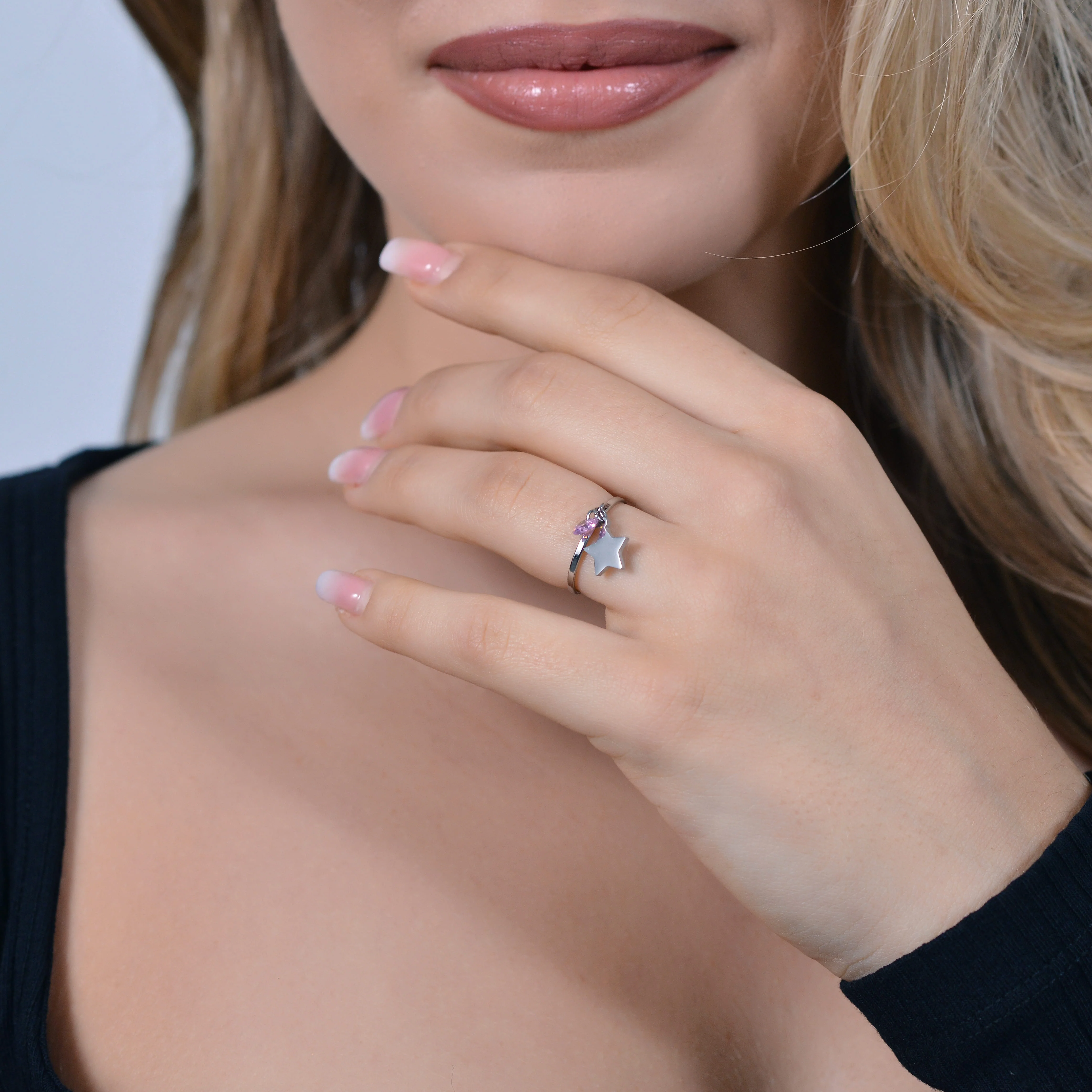 ANELLO DONNA IN ACCIAIO CON STELLA E ZIRCONE ROSA - Image 2