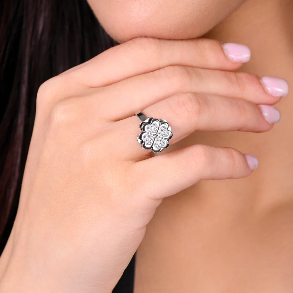 ANELLO DONNA IN ACCIAIO CON QUADRIFOGLIO GIREVOLE CON CRISTALLI BIANCHI - Image 2