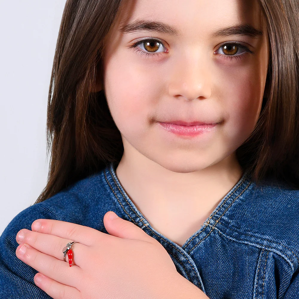 ANELLO BAMBINA IN ACCIAIO CON CORNO E QUADRIFOGLIO VERDE - Image 3