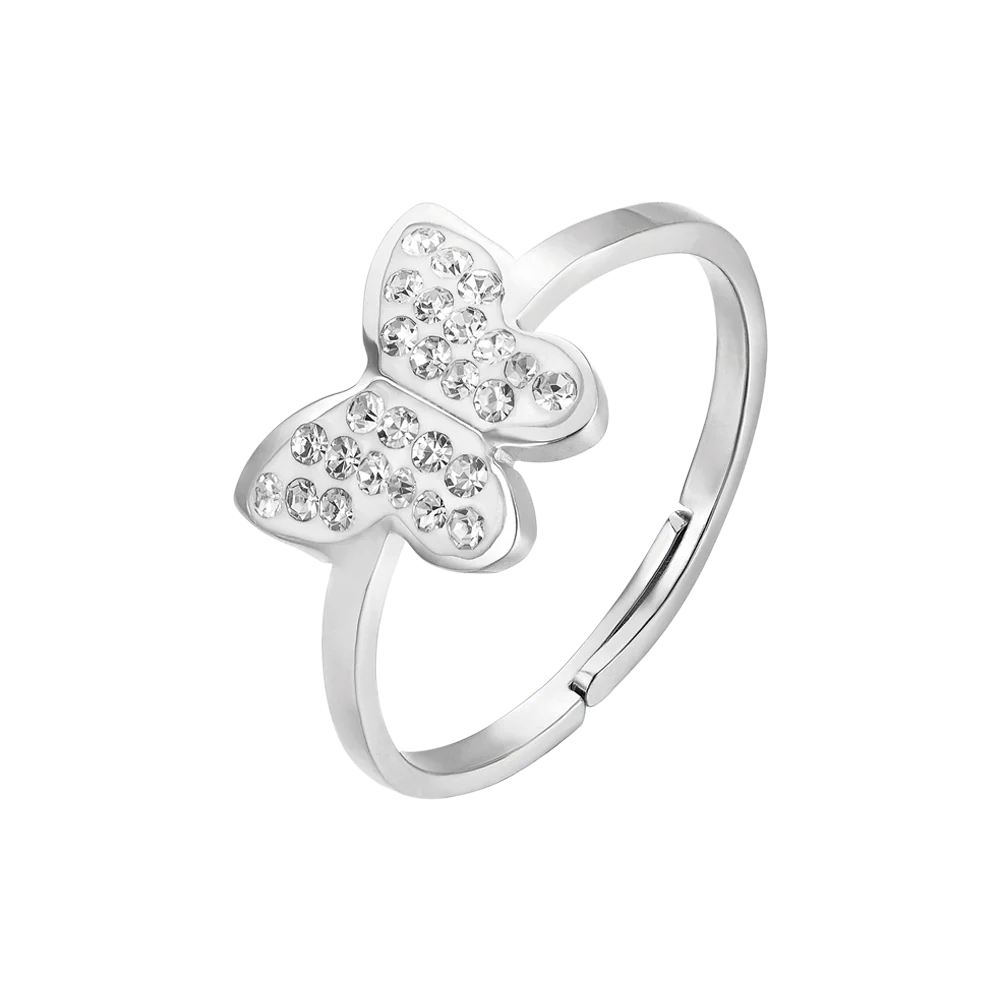 ANELLO DONNA IN ACCIAIO CON FARFALLA E CRISTALLI BIANCHI MISURA: S