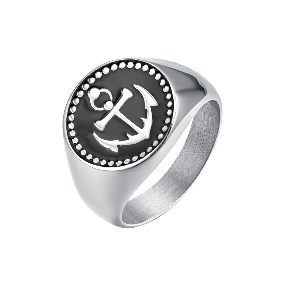 ANELLO UOMO IN ACCIAIO CON ANCORA E SMALTO NERO