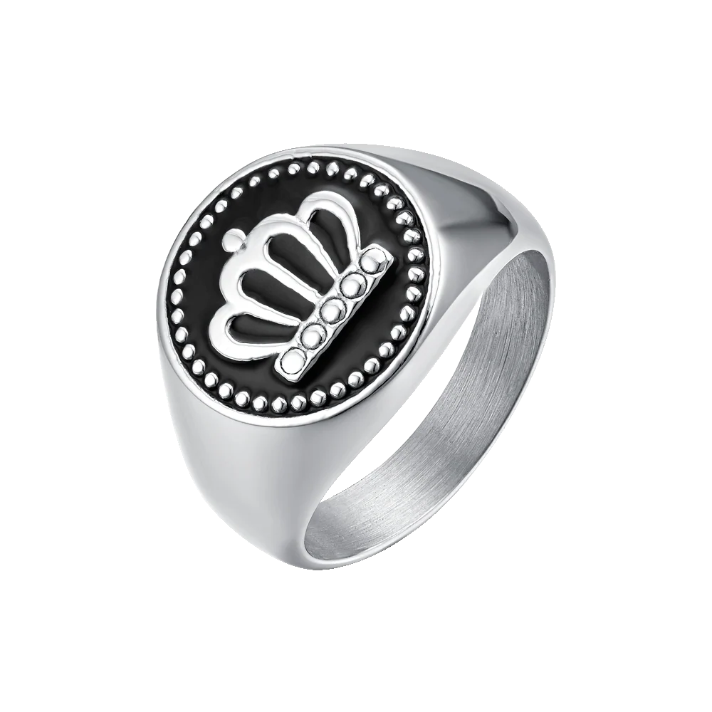 ANELLO UOMO IN ACCIAIO CON CORONA E SMALTO NERO