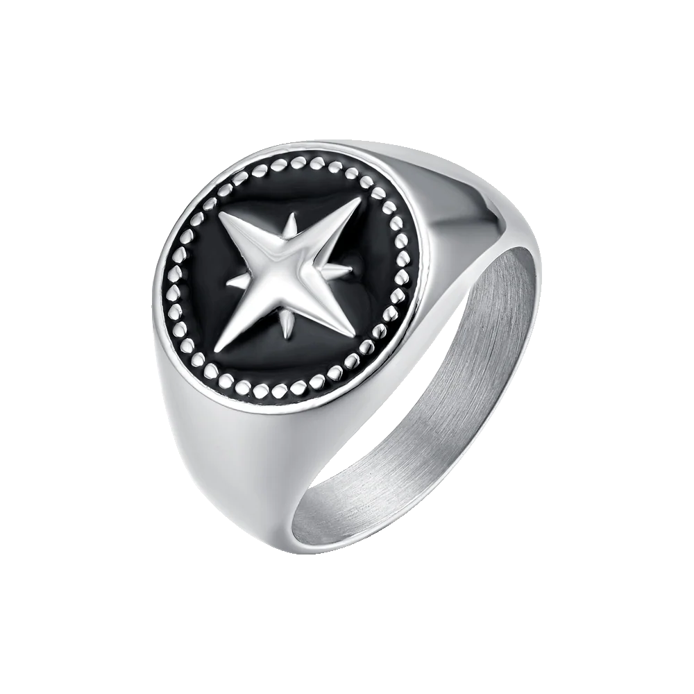 ANELLO UOMO IN ACCIAIO CON ROSA DEI VENTI E SMALTO NERO