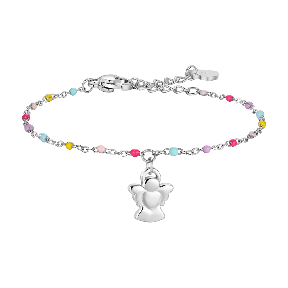 BRACCIALE BAMBINA IN ACCIAIO CON ANGELO ED ELEMENTI MULTICOLOR