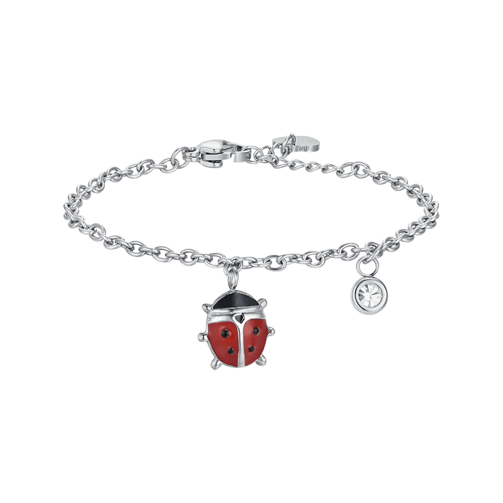 BRACCIALE BAMBINA IN ACCIAIO CON COCCINELLA CON SMALTO ROSSO E NERO E CRISTALLO