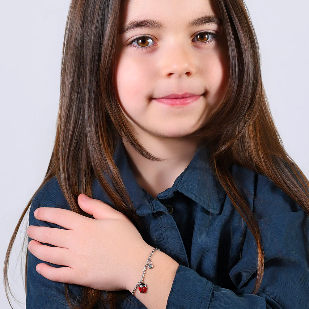 BRACCIALE BAMBINA IN ACCIAIO CON COCCINELLA CON SMALTO ROSSO E NERO E CRISTALLO - Image 3