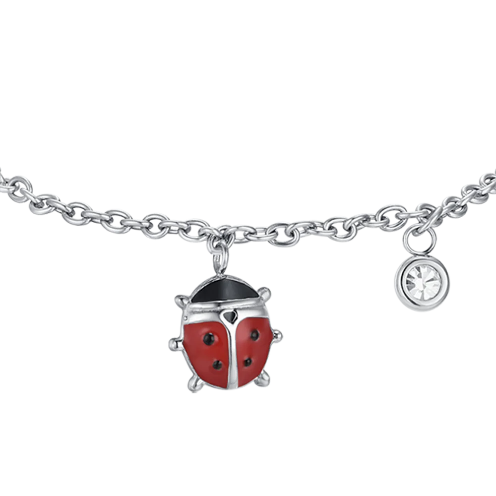 BRACCIALE BAMBINA IN ACCIAIO CON COCCINELLA CON SMALTO ROSSO E NERO E CRISTALLO - Image 4