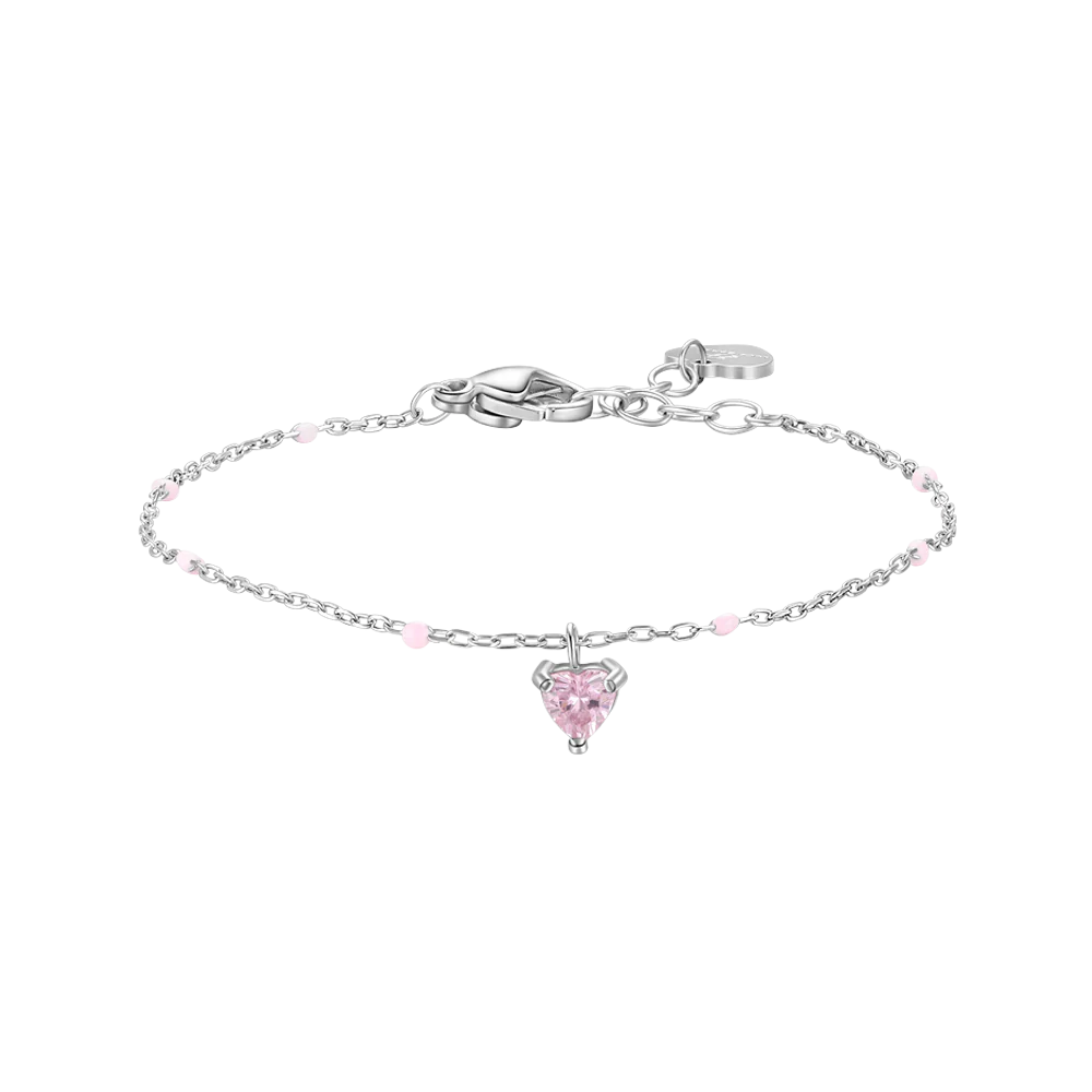 BRACCIALE BAMBINA IN ACCIAIO CON CUORE ZIRCONE ROSA E PIETRE ROSA