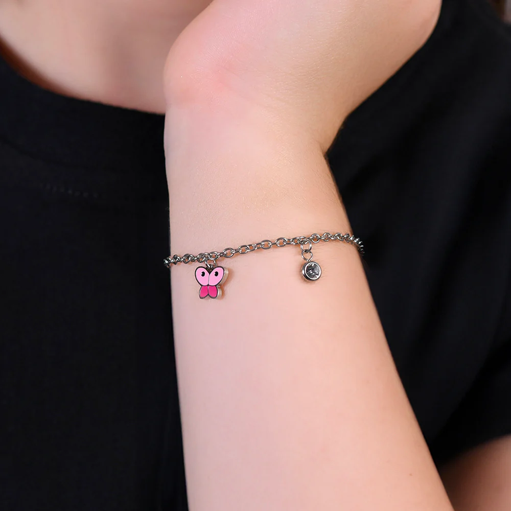 BRACCIALE BAMBINA IN ACCIAIO CON FARFALLA CON SMALTO ROSA E CRISTALLO BIANCO - Image 2