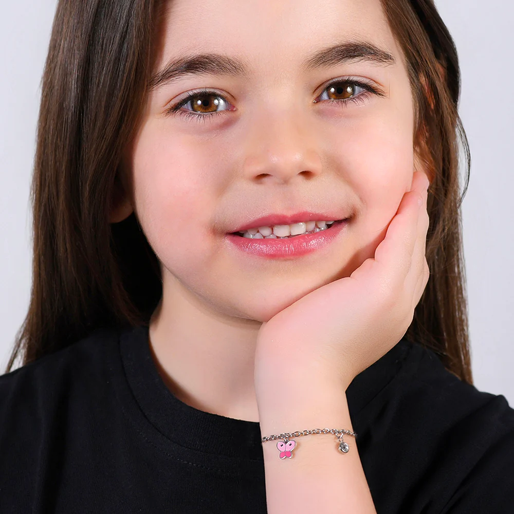 BRACCIALE BAMBINA IN ACCIAIO CON FARFALLA CON SMALTO ROSA E CRISTALLO BIANCO - Image 3