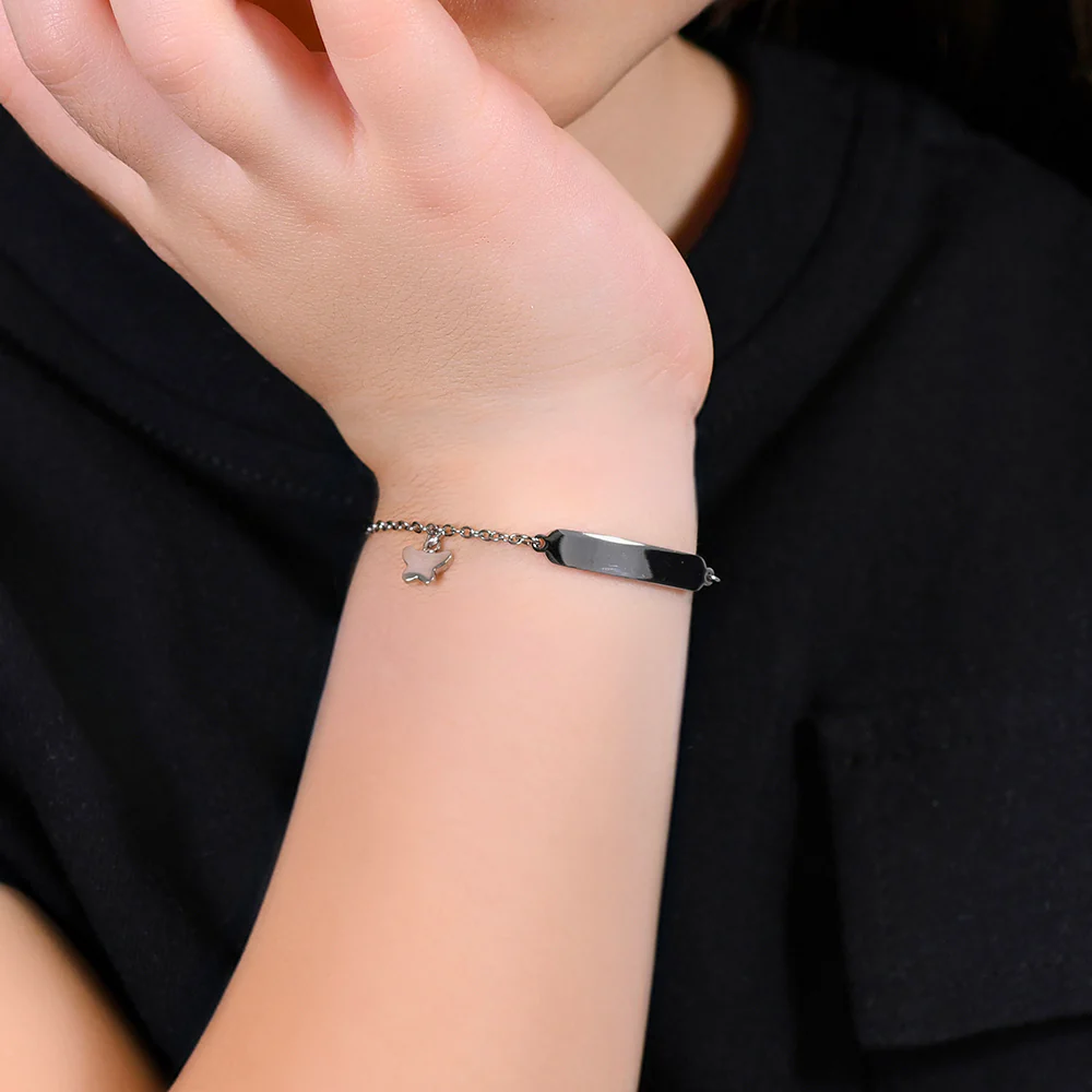 BRACCIALE BAMBINA IN ACCIAIO CON FARFALLE E PIASTRA - Image 2