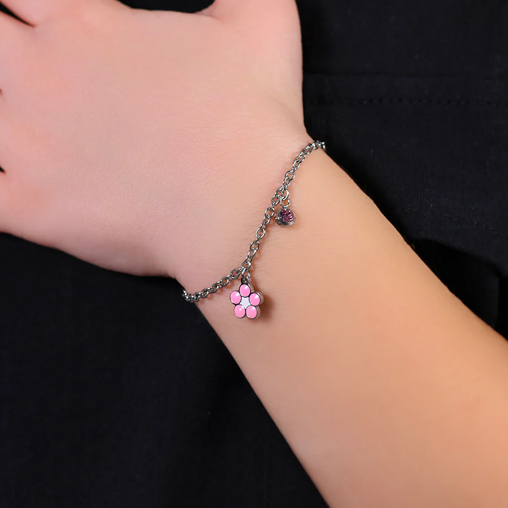BRACCIALE BAMBINA IN ACCIAIO CON FIORE CON SMALTO ROSA E BIANCO E CRISTALLO - Image 2