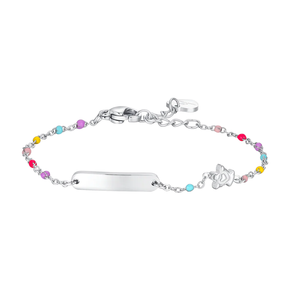 BRACCIALE BAMBINA IN ACCIAIO CON PIASTRA, ANGELO ED ELEMENTI MULTICOLOR