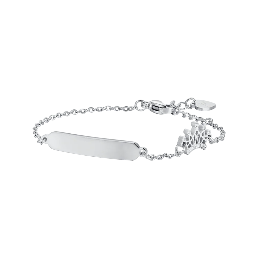 BRACCIALE BAMBINA IN ACCIAIO CON PIASTRA E CORONA CON CRISTALLI BIANCHI