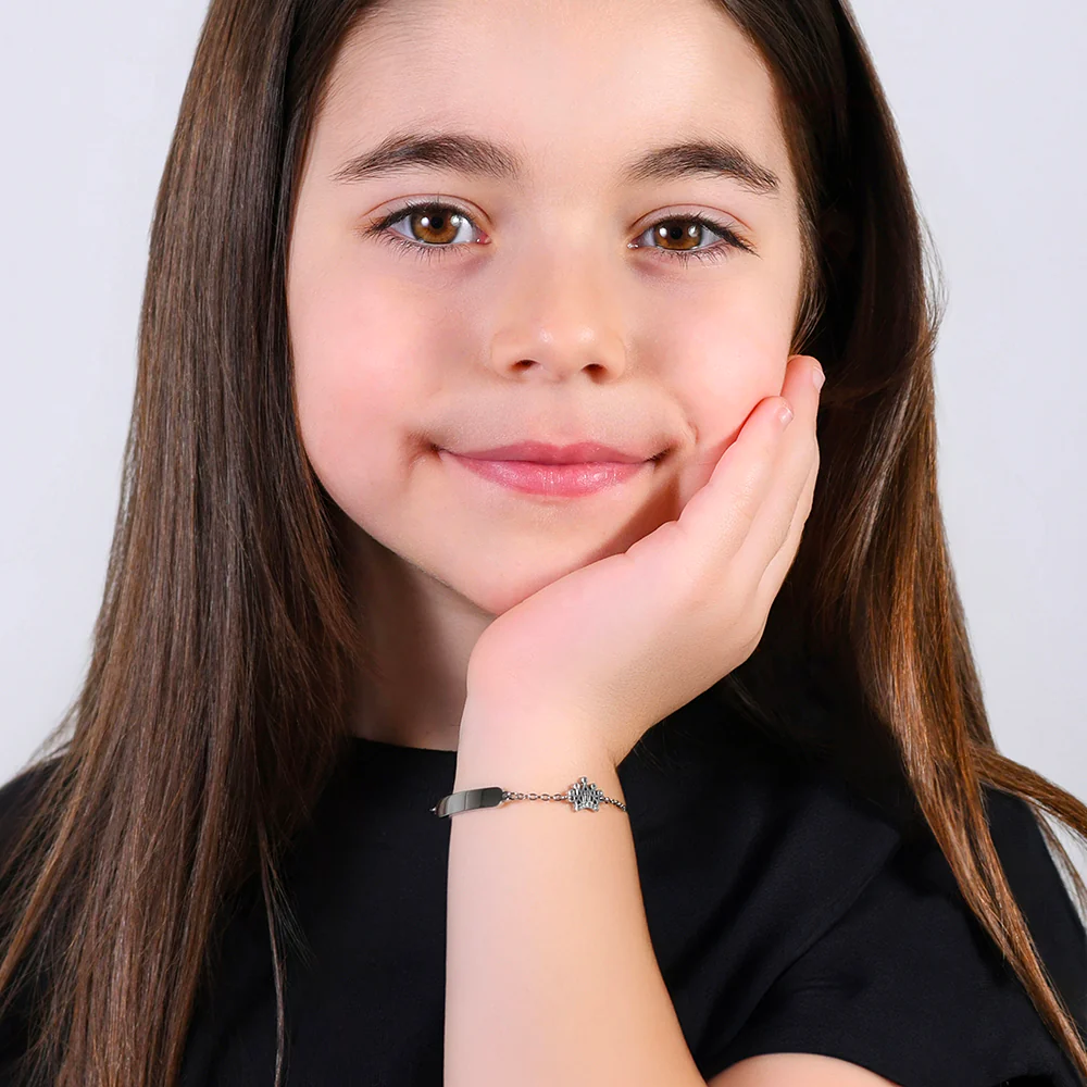 BRACCIALE BAMBINA IN ACCIAIO CON PIASTRA E CORONA CON CRISTALLI BIANCHI - Image 3