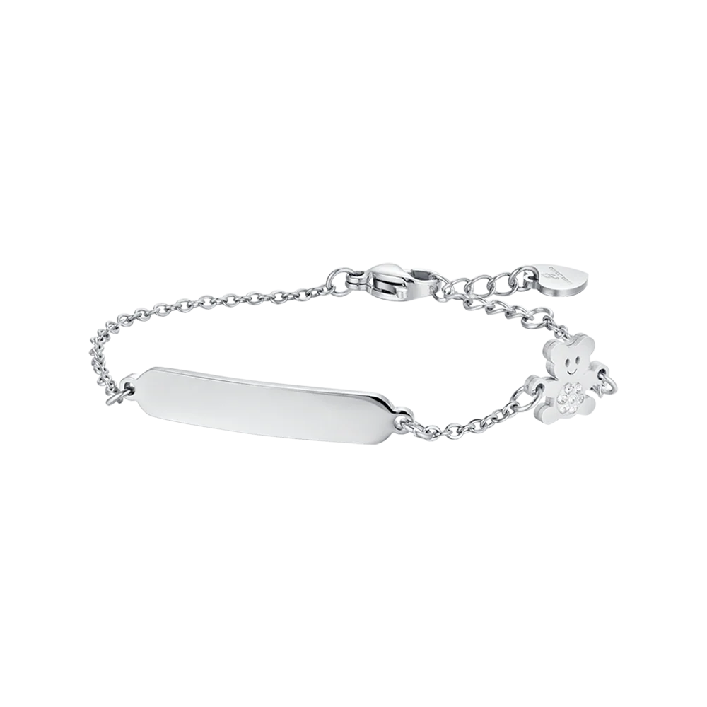 BRACCIALE BAMBINA IN ACCIAIO CON PIASTRA ED ORSETTO CON CRISTALLI BIANCHI