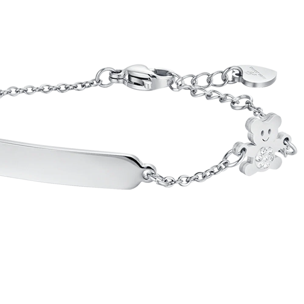 BRACCIALE BAMBINA IN ACCIAIO CON PIASTRA ED ORSETTO CON CRISTALLI BIANCHI - Image 4