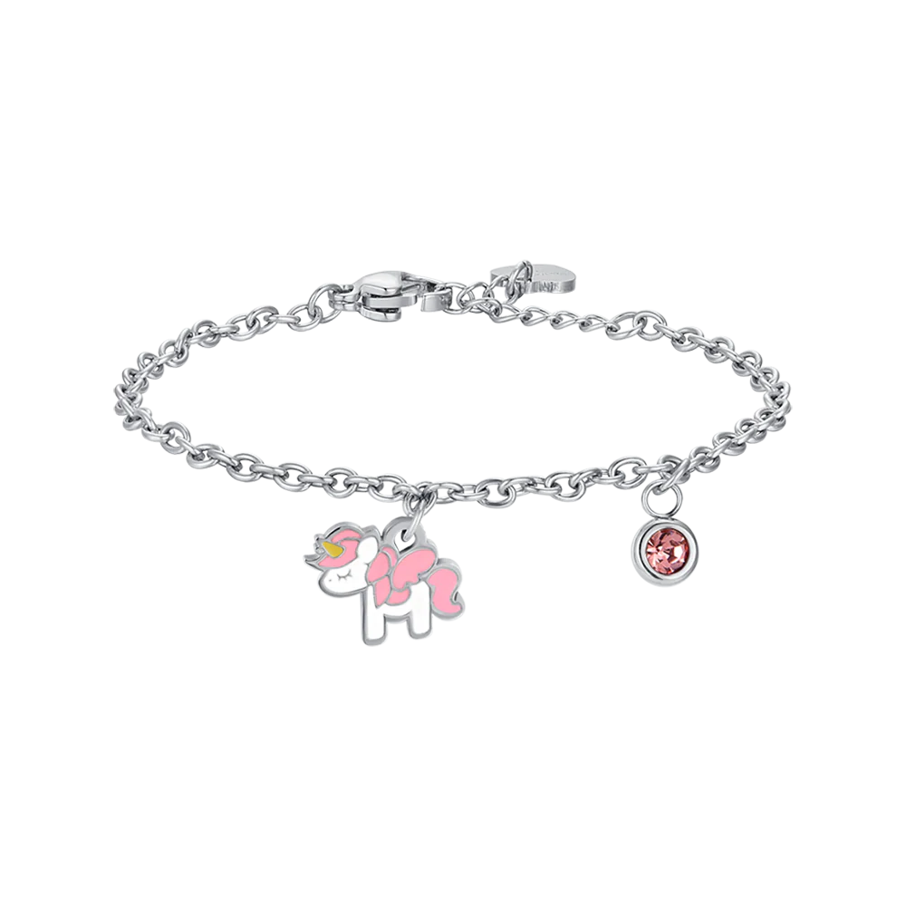 BRACCIALE BAMBINA IN ACCIAIO CON UNICORNO CON SMALTO ROSA E BIANCO E CRISTALLO