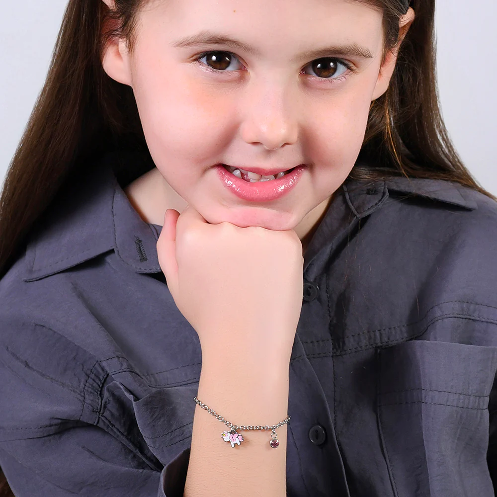 BRACCIALE BAMBINA IN ACCIAIO CON UNICORNO CON SMALTO ROSA E BIANCO E CRISTALLO - Image 3