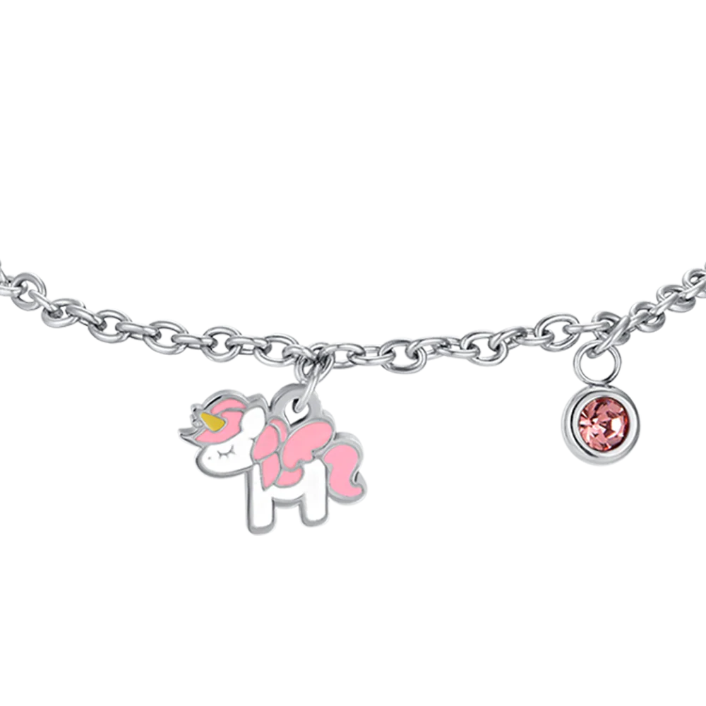 BRACCIALE BAMBINA IN ACCIAIO CON UNICORNO CON SMALTO ROSA E BIANCO E CRISTALLO - Image 4