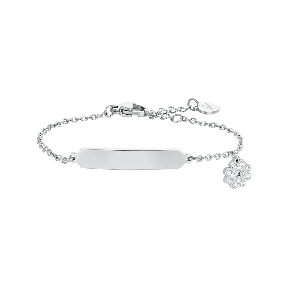 BRACCIALE BAMBINA IN ACCIAIO QUADRIFOGLIO E PIASTRA