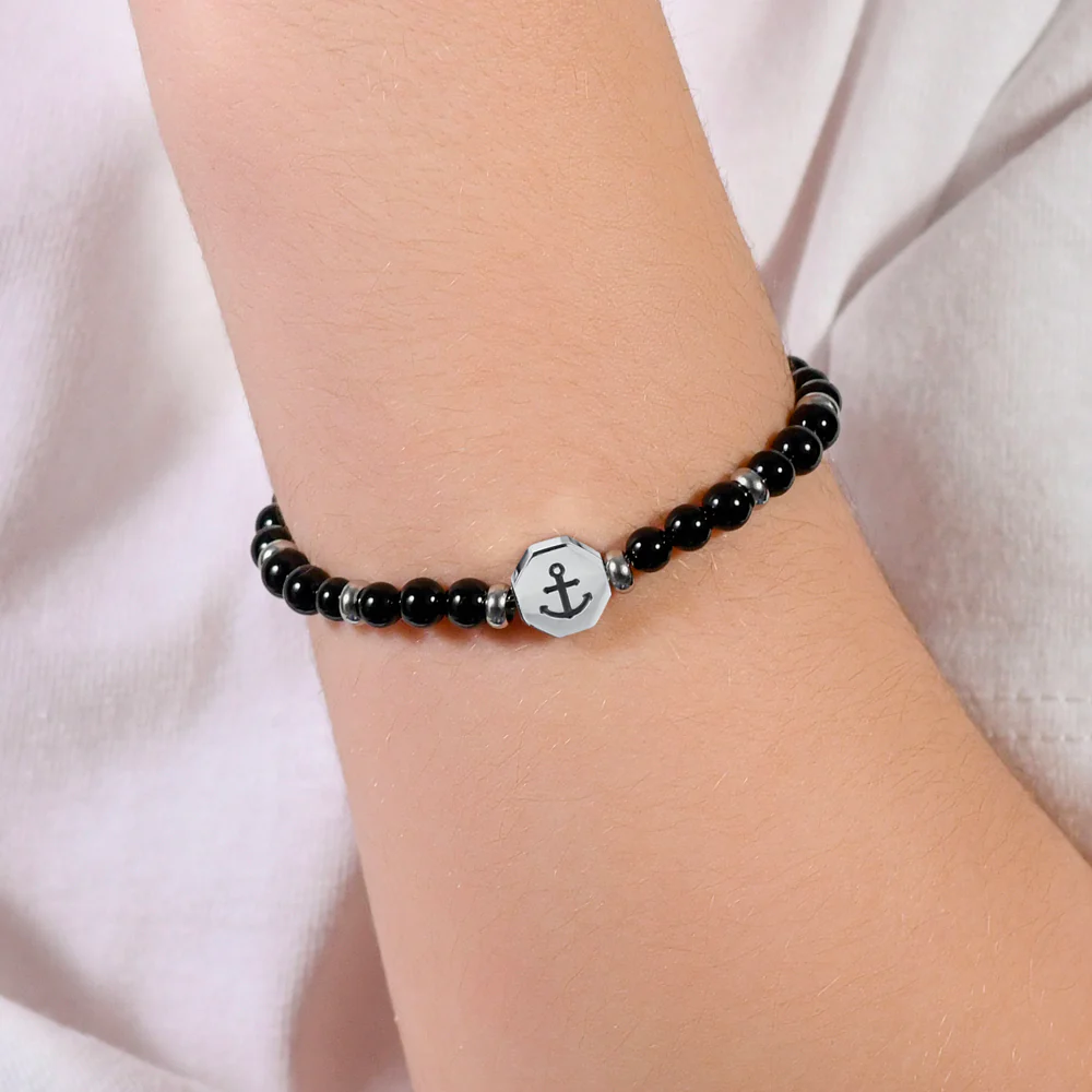 BRACCIALE BAMBINO IN ACCIAIO ANCORA CON PIETRE NERE - Image 2