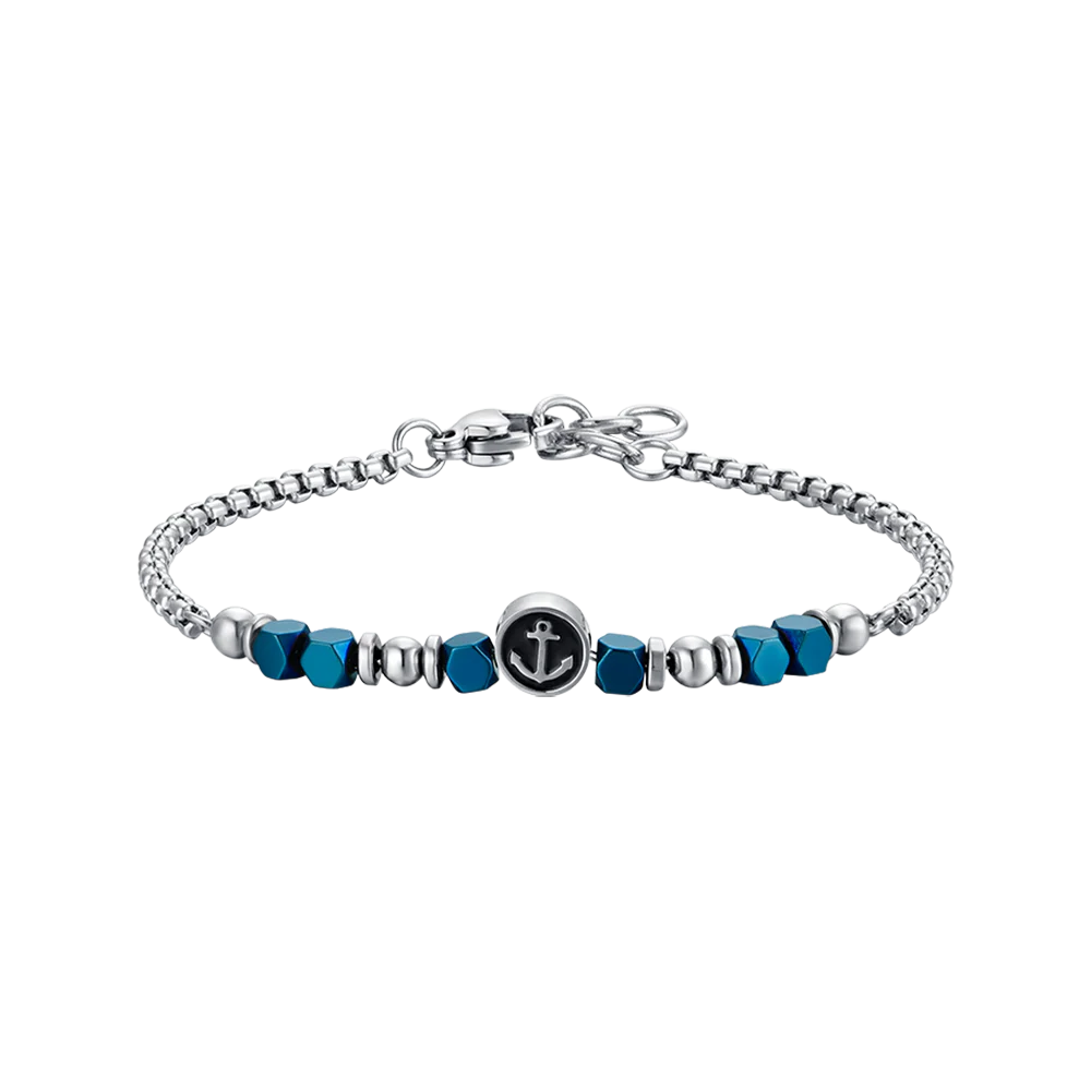 BRACCIALE BAMBINO IN ACCIAIO CON EMATITE BLU ED ANCORA