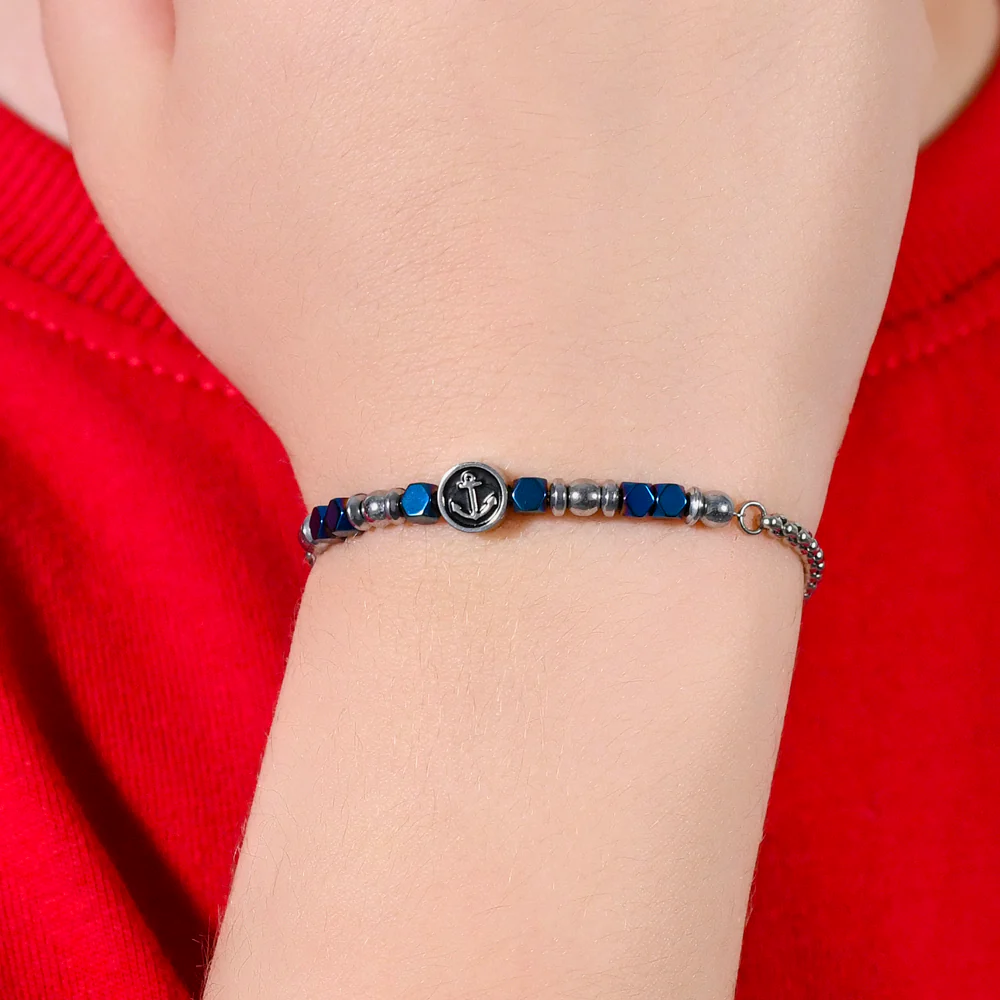 BRACCIALE BAMBINO IN ACCIAIO CON EMATITE BLU ED ANCORA - Image 2