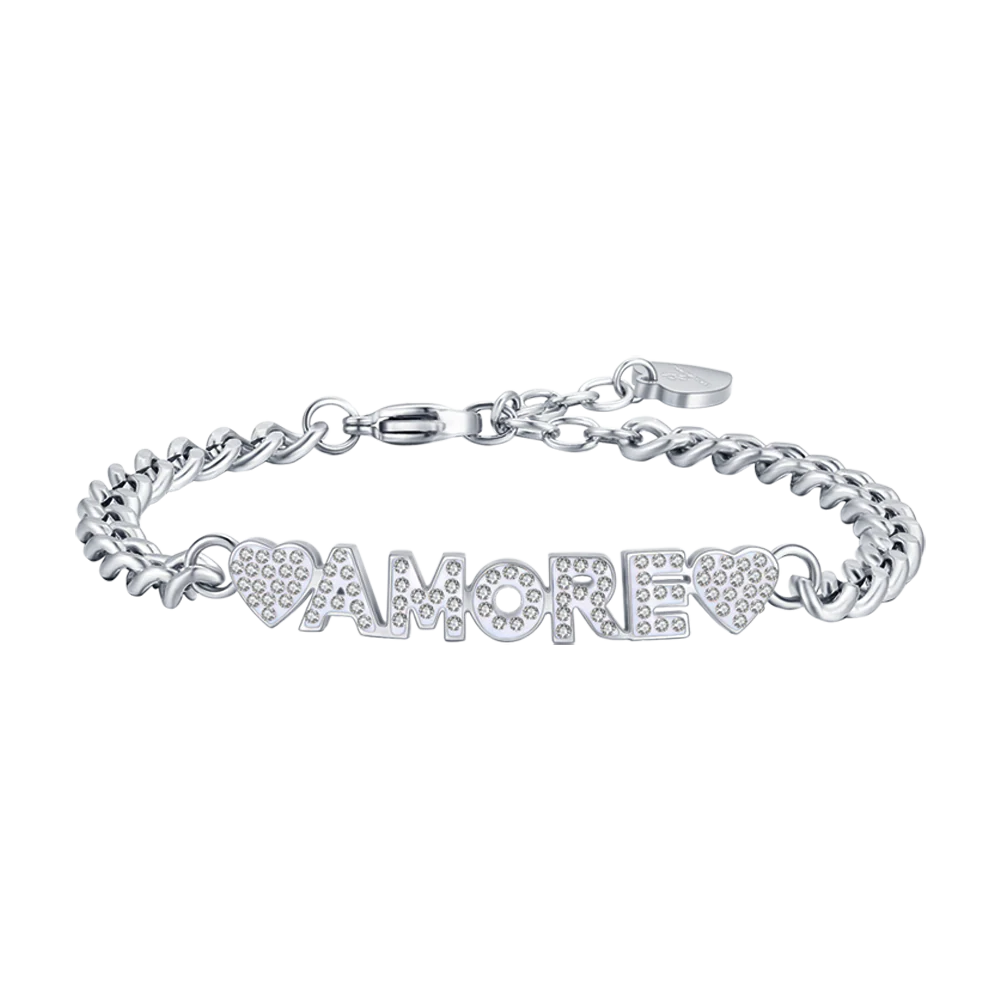 BRACCIALE DONNA IN ACCIAIO AMORE CON CRISTALLI BIANCHI