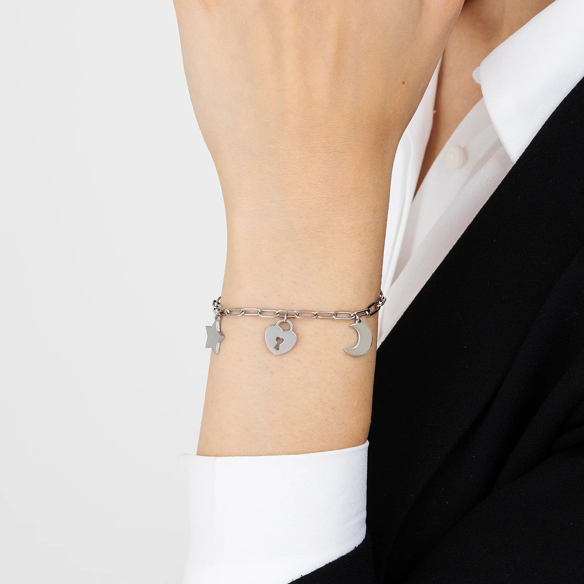 BRACCIALE DONNA IN ACCIAIO CON LUNA CUORE LUCCHETTO E STELLA - Image 2