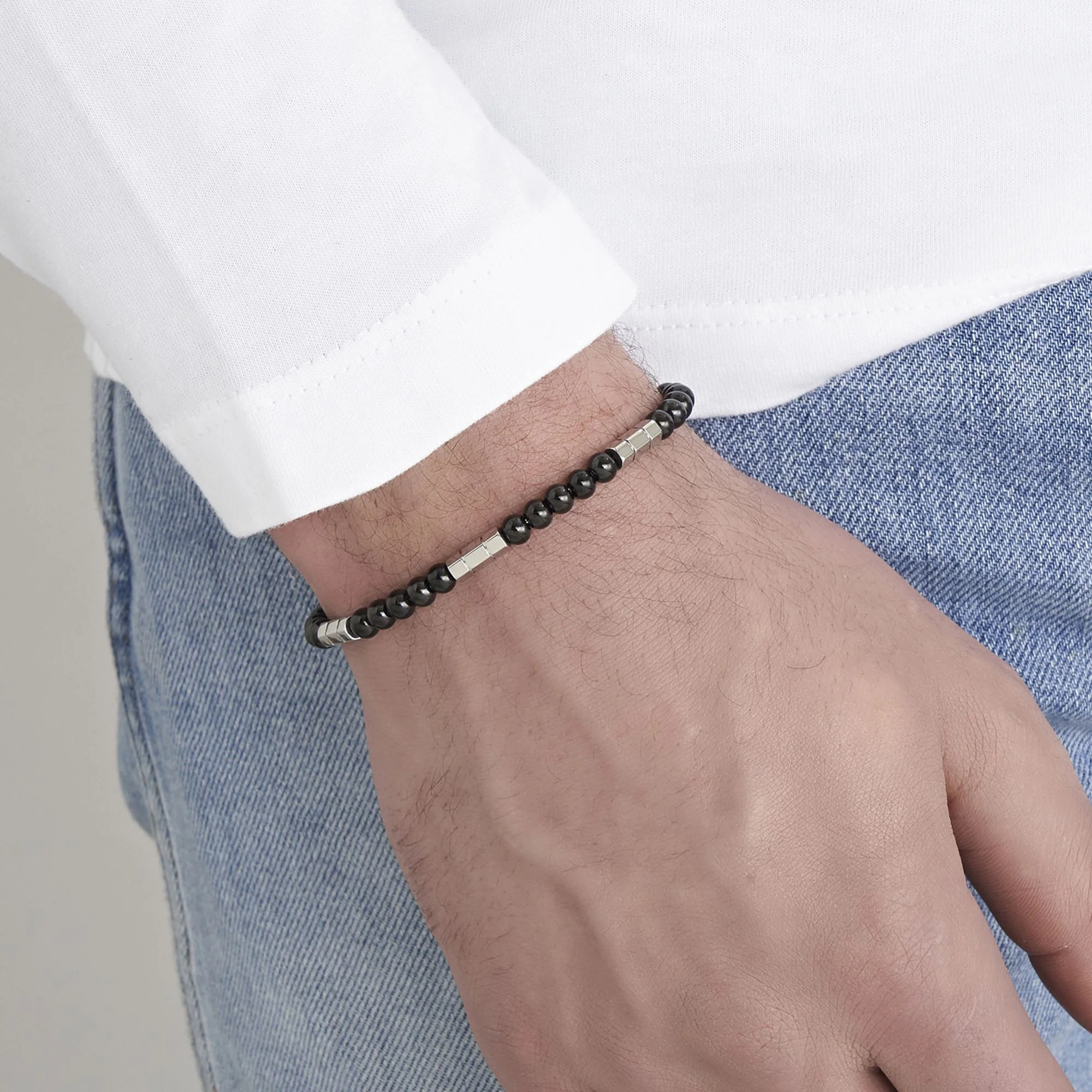 BRACCIALE UOMO IN ACCIAIO CON PIETRE NERE ED ELEMENTI IN ACCIAIO - Image 2