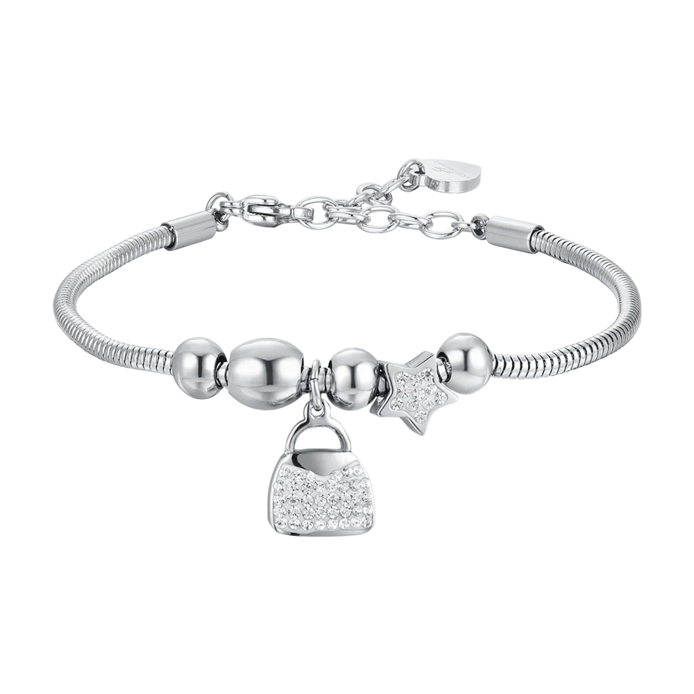 BRACCIALE DONNA IN ACCIAIO BORSA E CRISTALLI