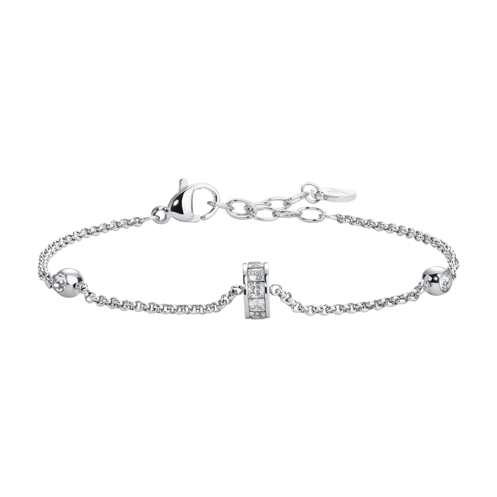 BRACCIALE DONNA IN ACCIAIO, BUSSOLOTTO ED ELEMENTI CON ZIRCONI BIANCHI