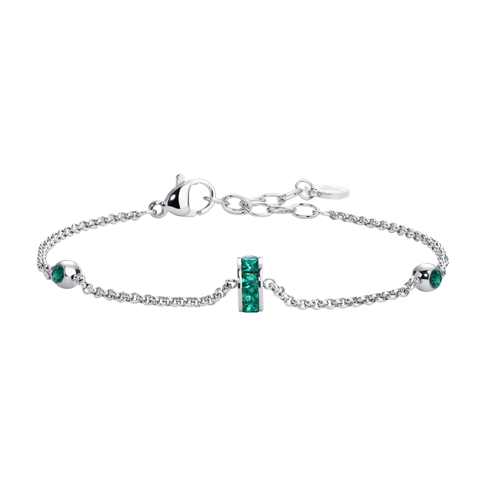 BRACCIALE DONNA IN ACCIAIO, BUSSOLOTTO ED ELEMENTI CON ZIRCONI VERDI