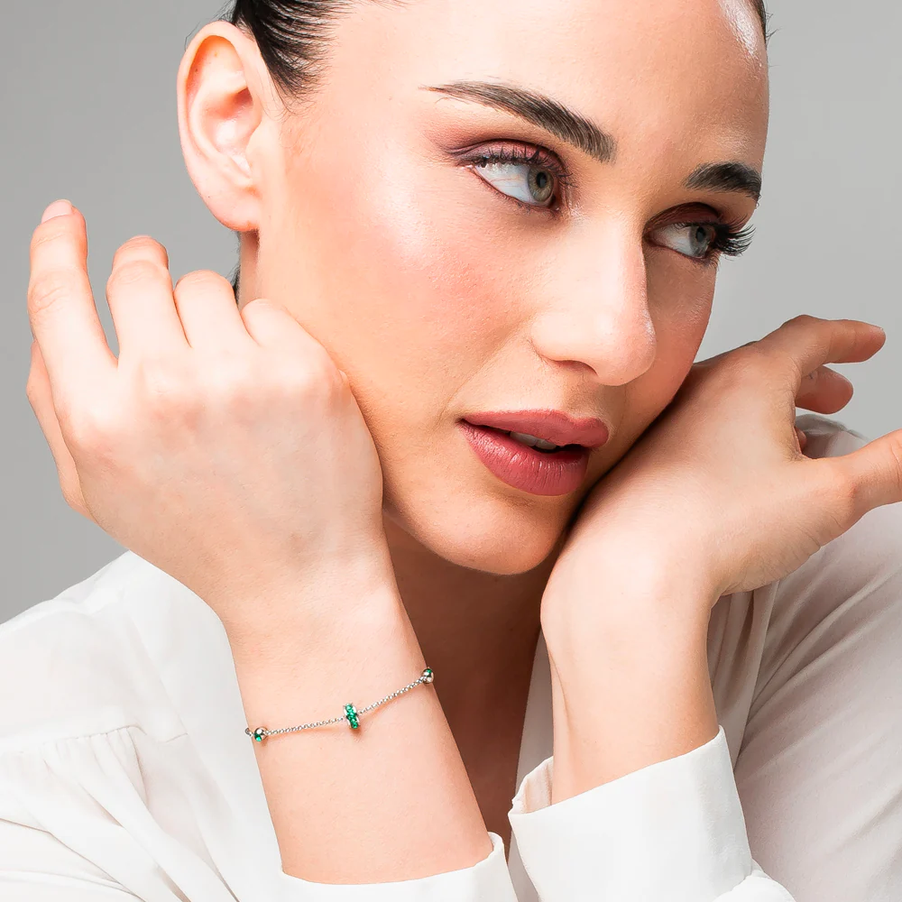 BRACCIALE DONNA IN ACCIAIO, BUSSOLOTTO ED ELEMENTI CON ZIRCONI VERDI - Image 3