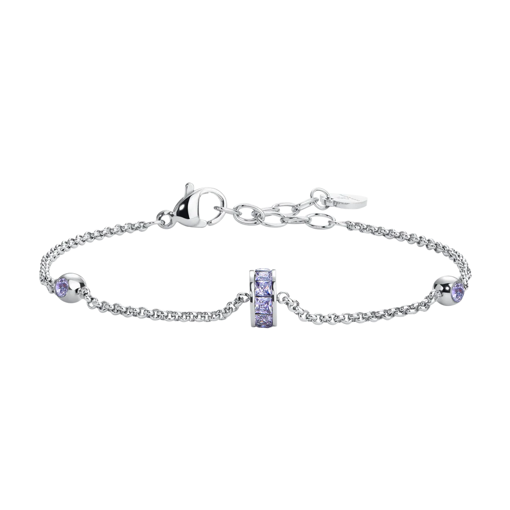 BRACCIALE DONNA IN ACCIAIO, BUSSOLOTTO ED ELEMENTI CON ZIRCONI VIOLA