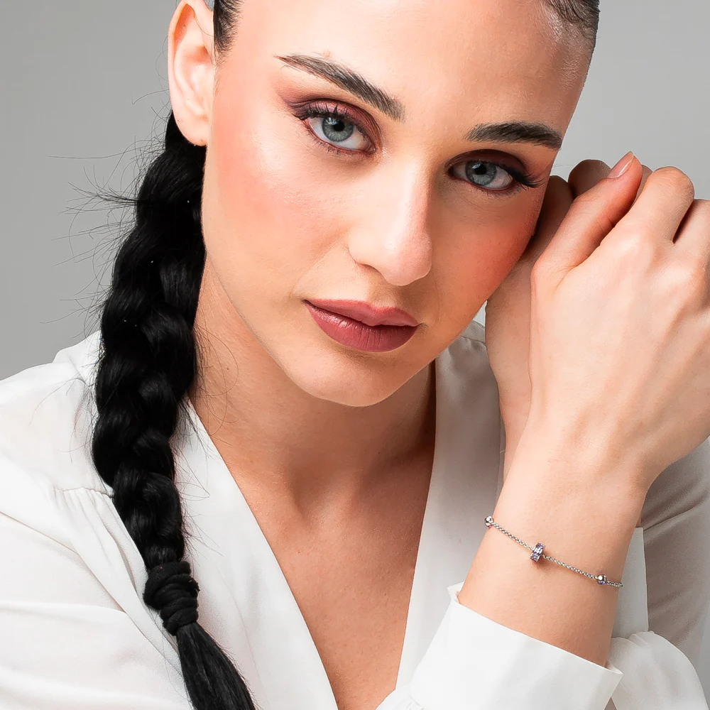 BRACCIALE DONNA IN ACCIAIO, BUSSOLOTTO ED ELEMENTI CON ZIRCONI VIOLA - Image 3