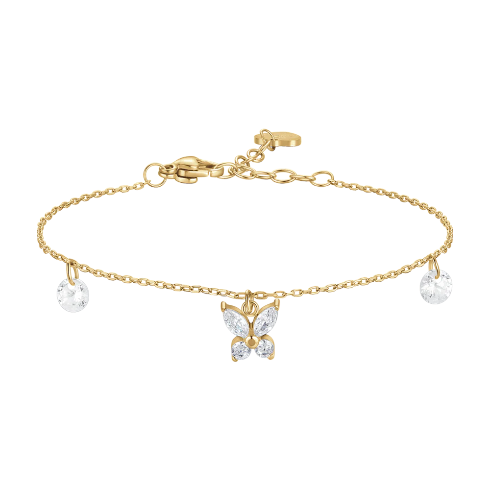 BRACCIALE DONNA IN ACCIAIO COLORE ORO CON PENDENTE FARFALLA ED ALI ZIRCONE BIANC