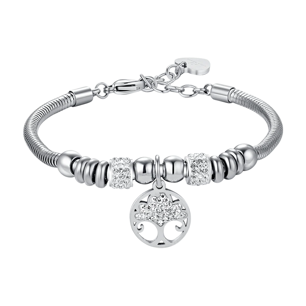 BRACCIALE DONNA IN ACCIAIO CON ALBERO DELLA VITA CON CRISTALLI BIANCHI