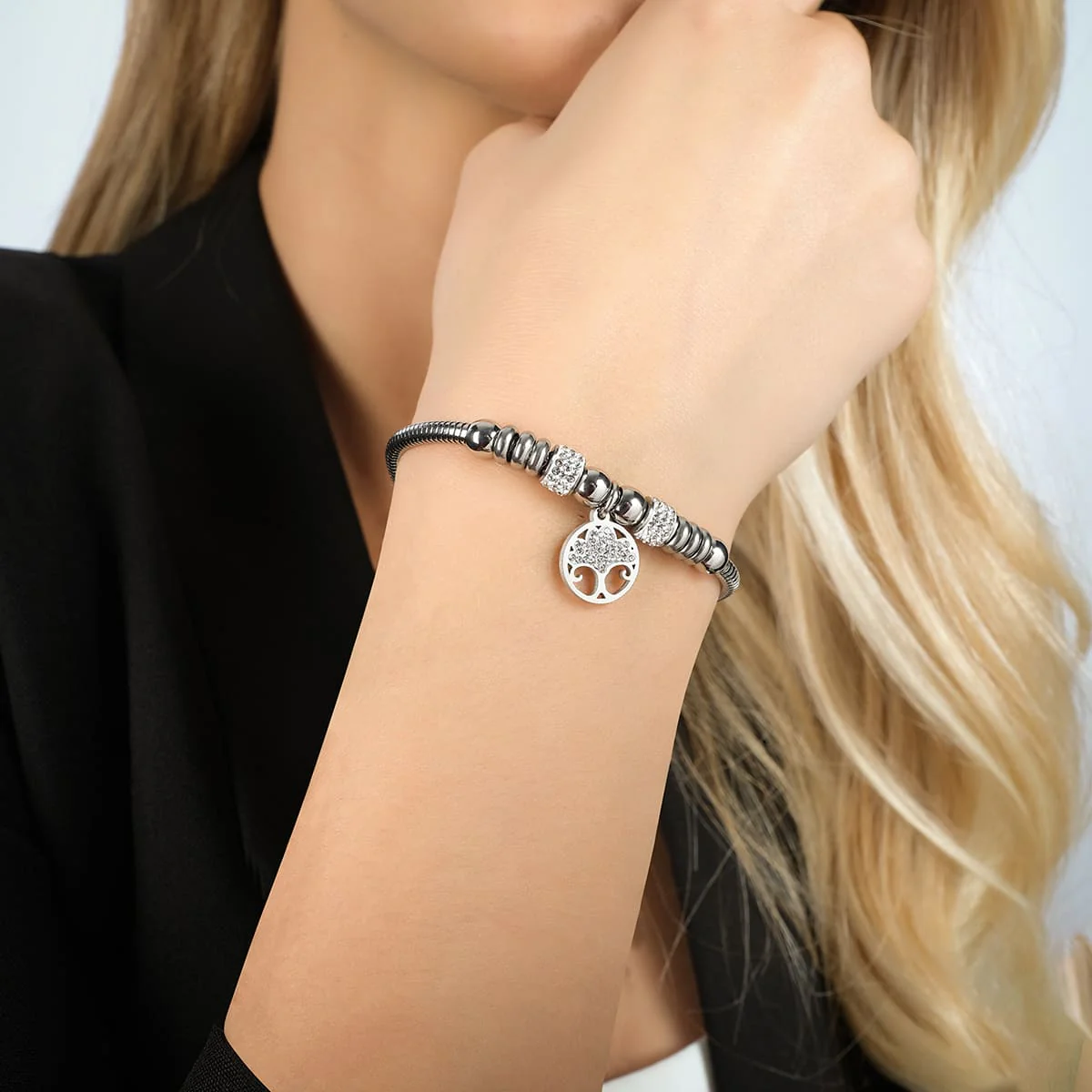 BRACCIALE DONNA IN ACCIAIO CON ALBERO DELLA VITA CON CRISTALLI BIANCHI - Image 2