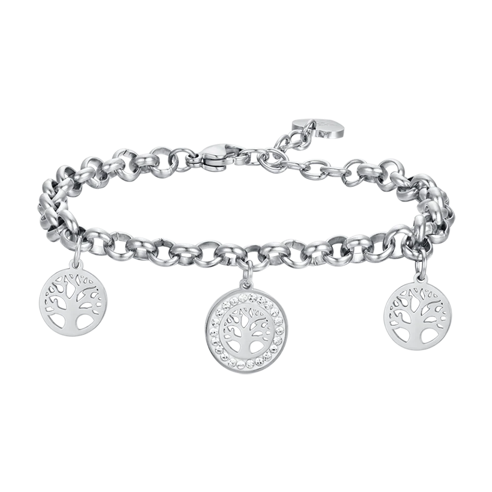BRACCIALE DONNA IN ACCIAIO CON ALBERO DELLA VITA E CRISTALLI BIANCHI