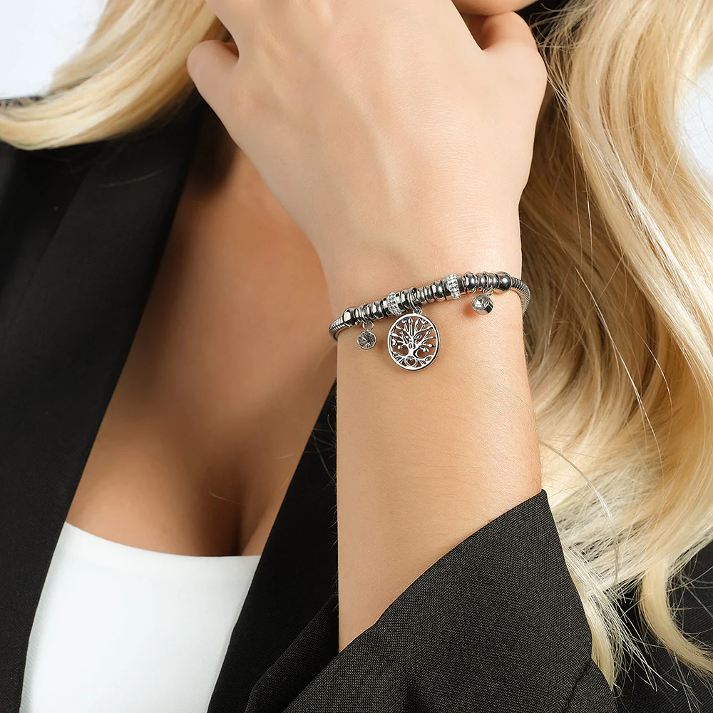 BRACCIALE DONNA IN ACCIAIO CON ALBERO DELLA VITA E CRISTALLI BIANCHI - Image 2