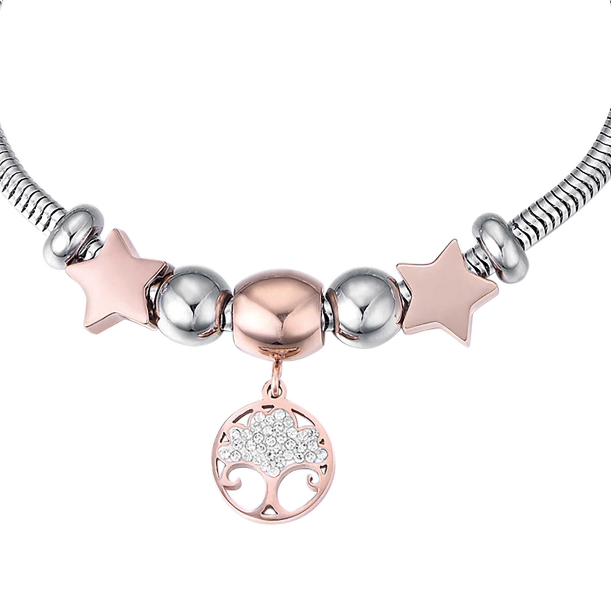 BRACCIALE DONNA IN ACCIAIO CON ALBERO DELLA VITA IP ROSE E CRISTALLI BIANCHI E S - Image 4