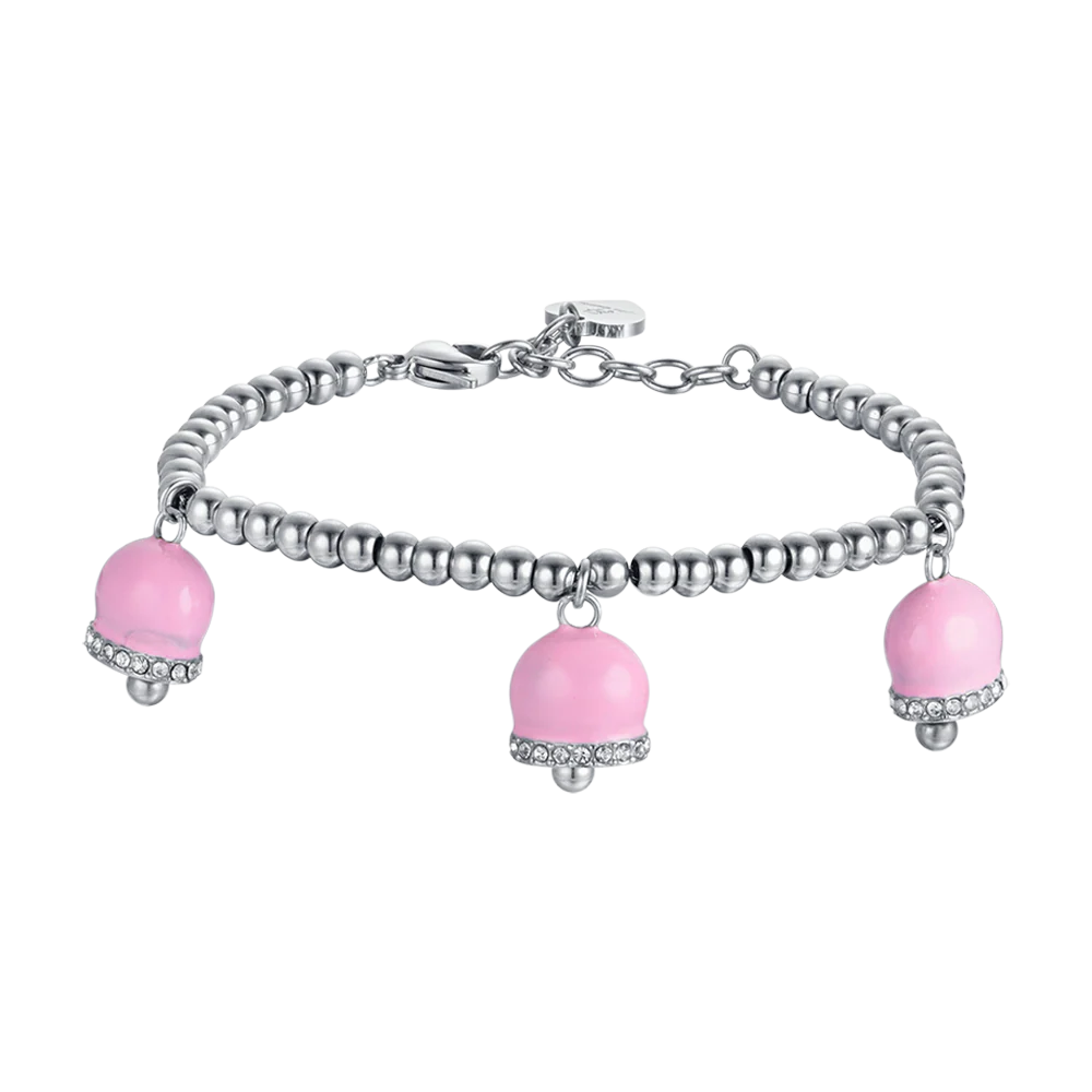 BRACCIALE DONNA IN ACCIAIO CON CAMPANELLE CON SMALTO ROSA E CRISTALLI BIANCHI