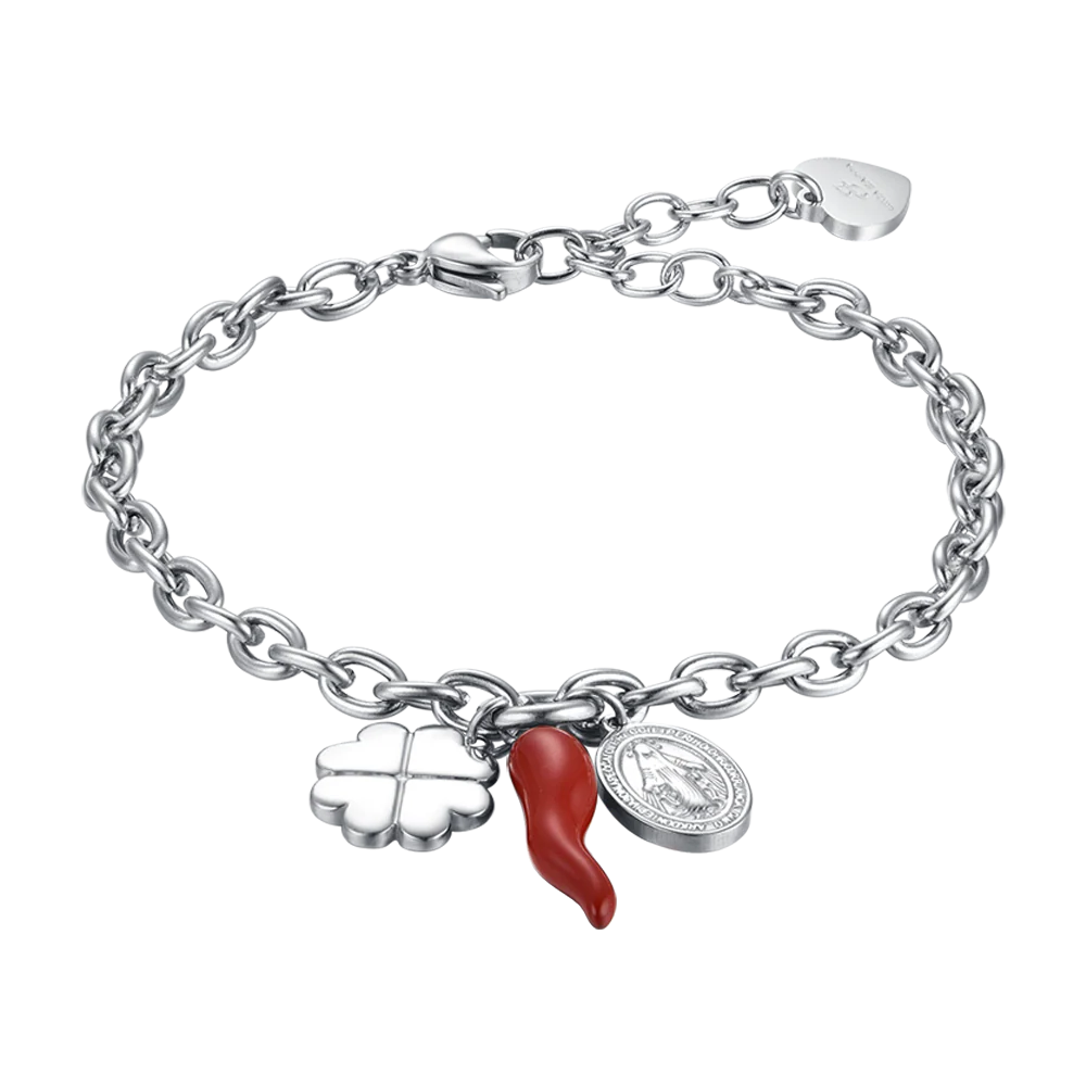 BRACCIALE DONNA IN ACCIAIO CON CHARM QUADRIFOGLIO, CORNO E MADONNA
