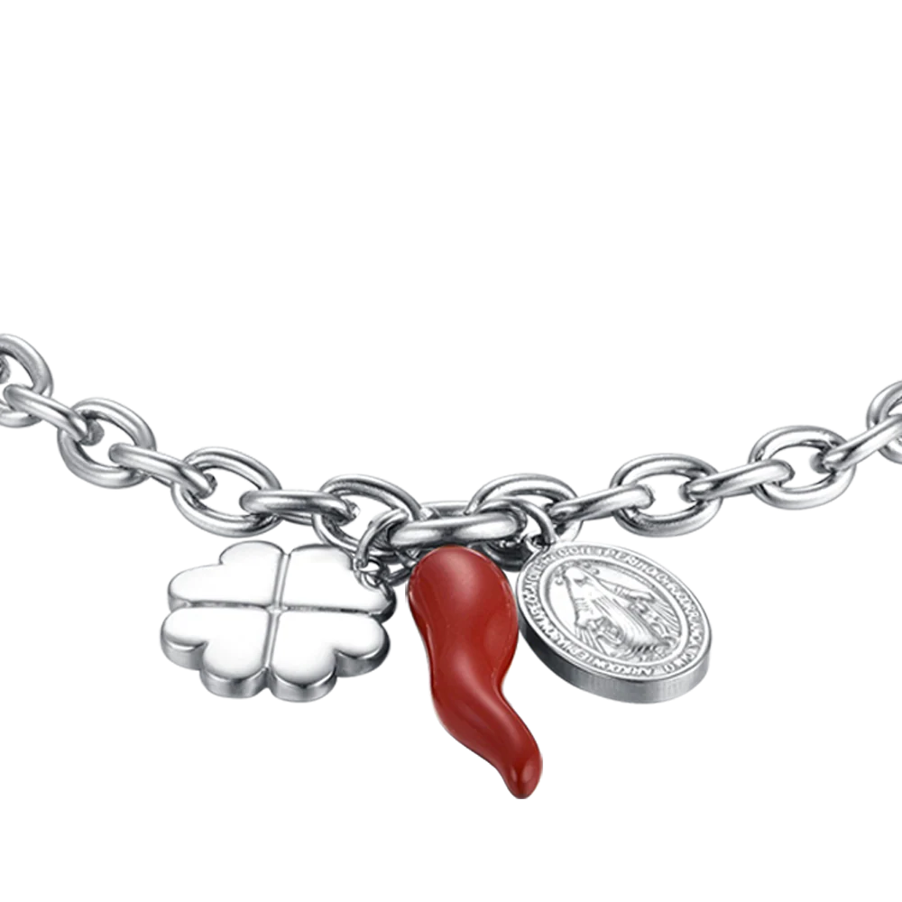 BRACCIALE DONNA IN ACCIAIO CON CHARM QUADRIFOGLIO, CORNO E MADONNA - Image 4