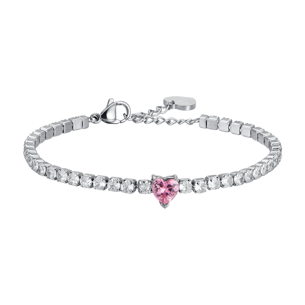 BRACCIALE DONNA IN ACCIAIO CON CRISTALLI BIANCHI E CUORE CRISTALLO ROSA