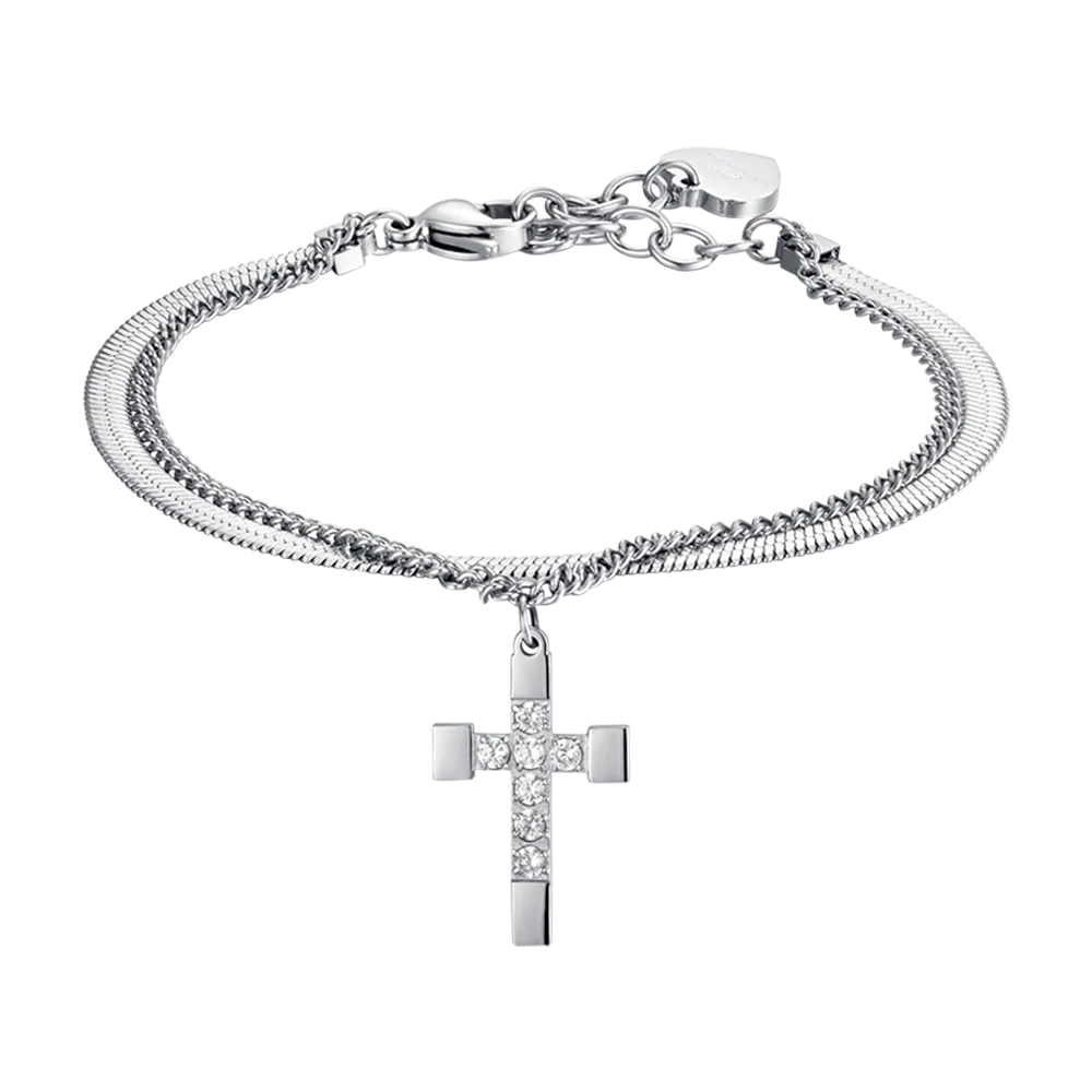 BRACCIALE DONNA IN ACCIAIO CON CROCE CON CRISTALLI BIANCHI