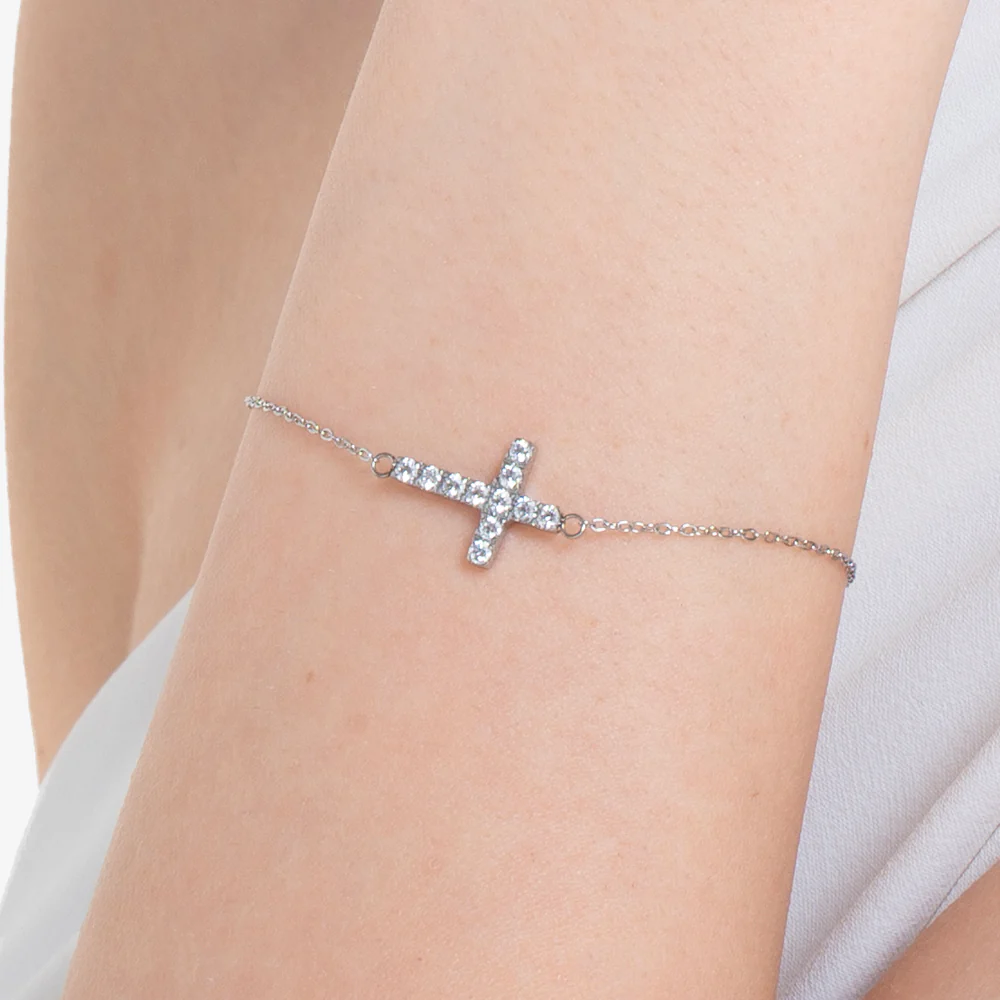 BRACCIALE DONNA IN ACCIAIO CON CROCE E ZIRCONI BIANCHI - Image 2